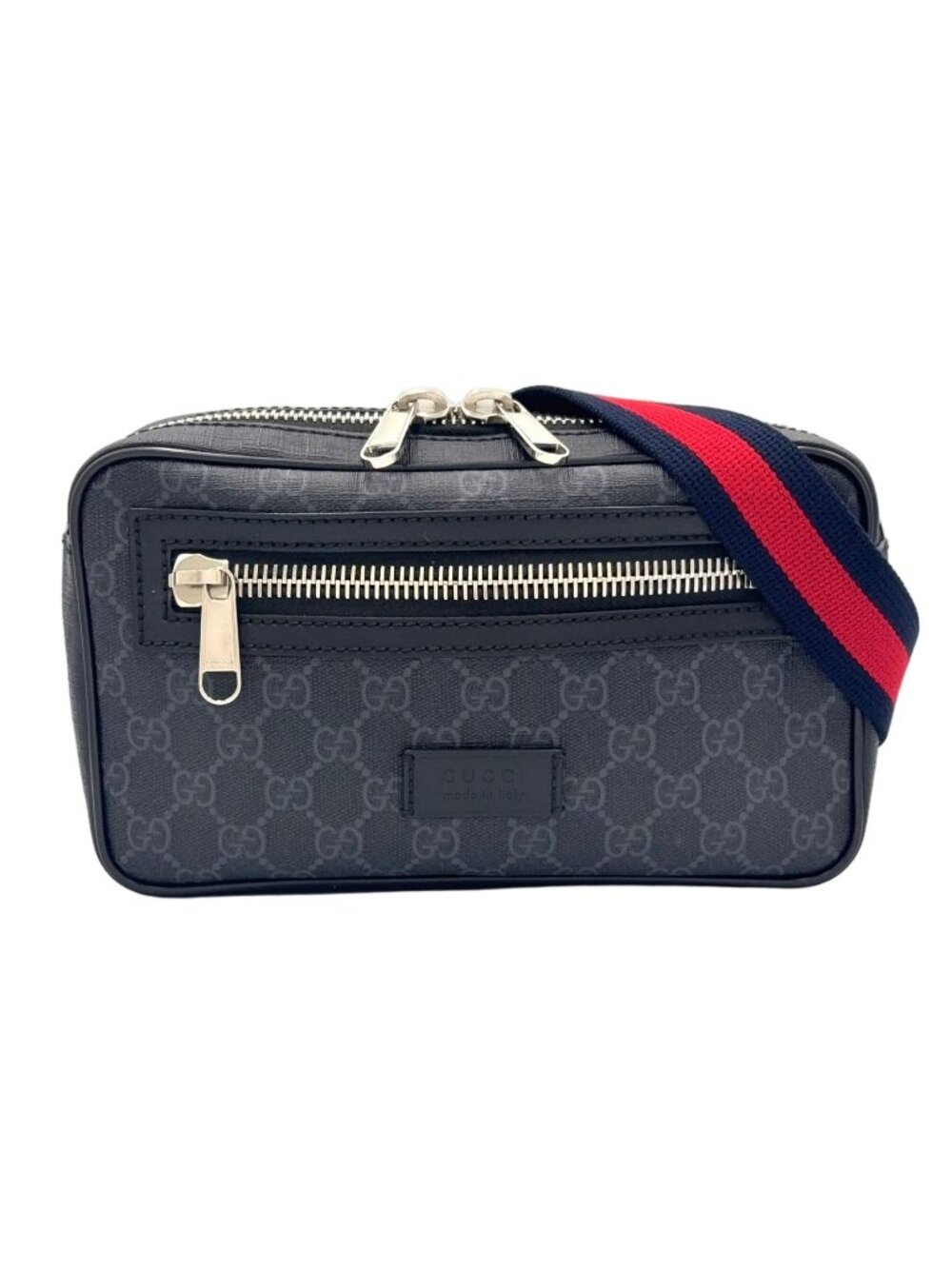 Gucci GG Supreme Sherry Line Leather Black Belt Bag Silver